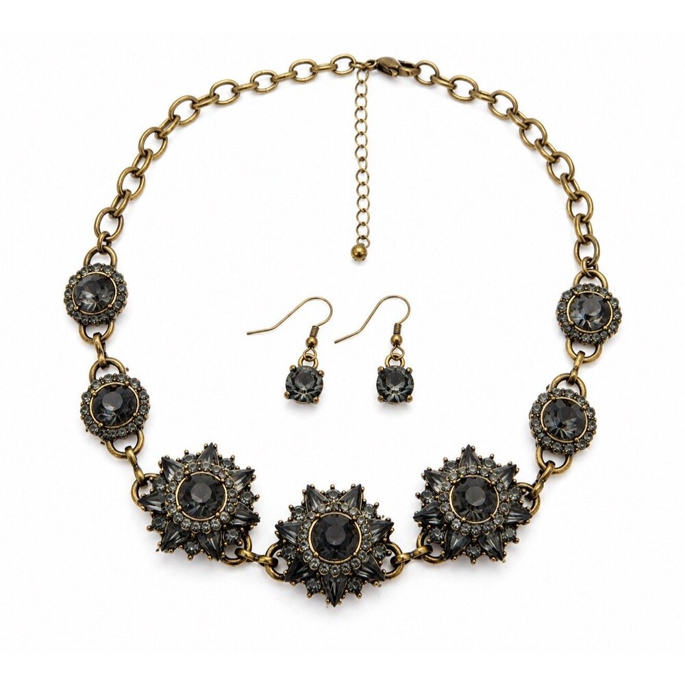 Vintage Smoky Gray Rhinestone Starburst Statement Necklace & Earrings Set